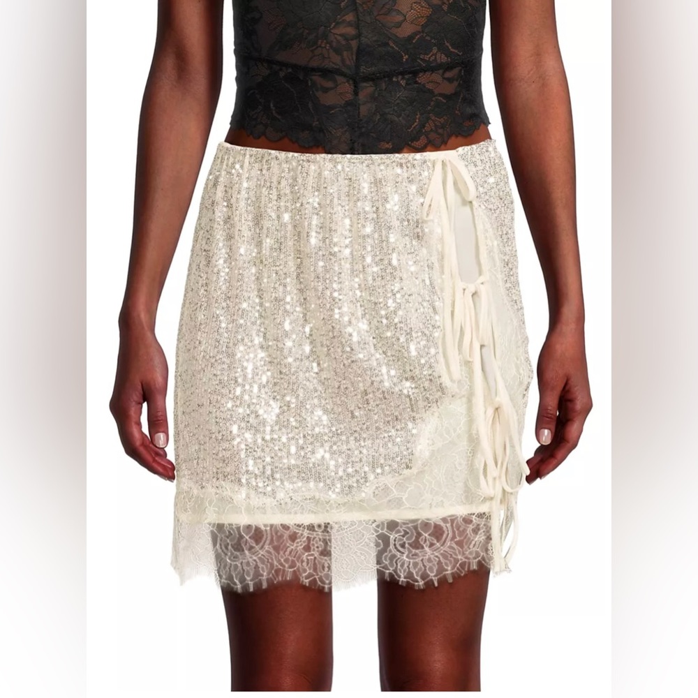 New Free People Gold Rush Half-Slip Miniskirt Sz L Sequins Mini lace up sexy - Picture 8 of 8